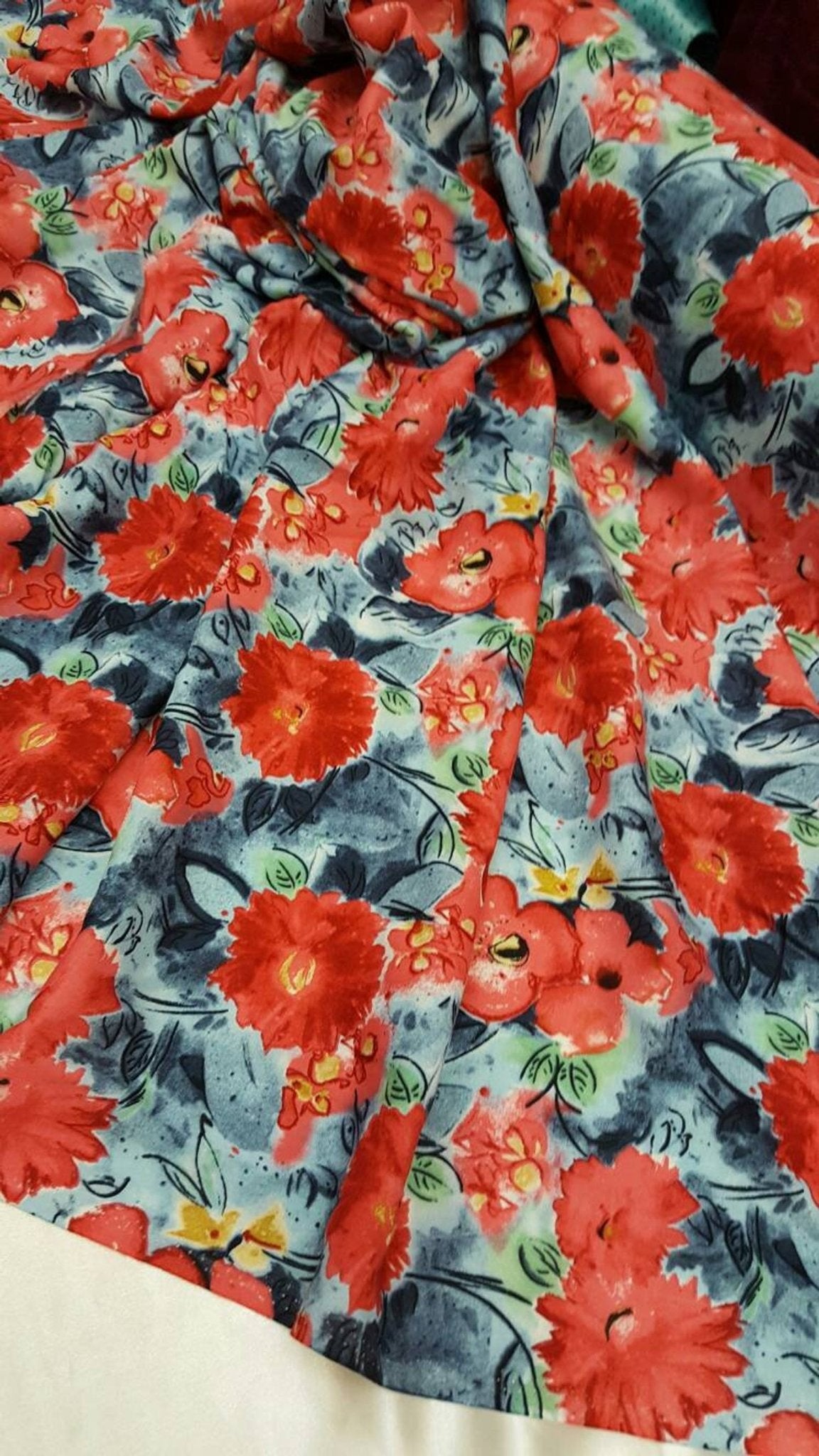 Rayon challis coral flowers on blue background soft flowy organic kids dress draping decoration fabric sold by the yardICEFABRICICE FABRICS1Rayon challis coral flowers on blue background soft flowy organic kids dress draping decoration fabric sold by the yard ICEFABRIC
