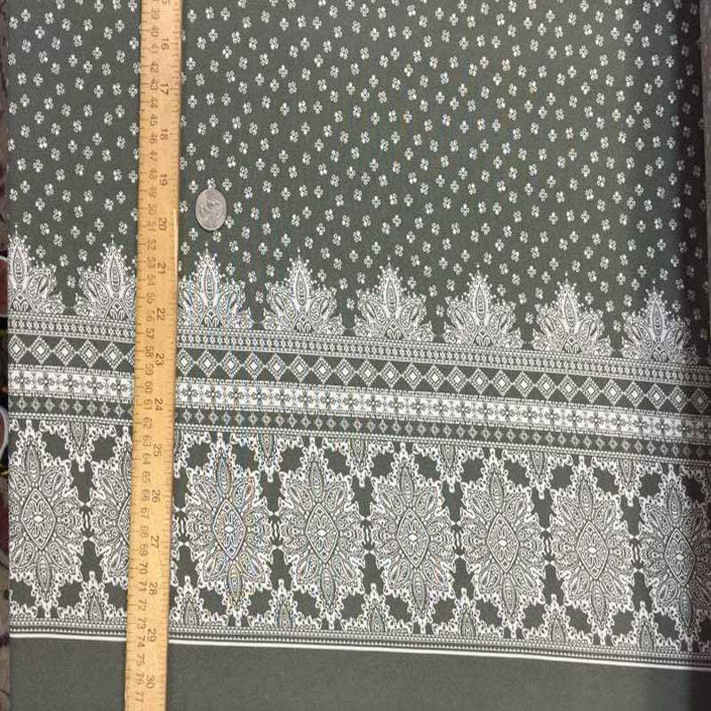 Rayon Challis White Coral Paisley Ikat Pattern With Grey Background Soft FabricICEFABRICICE FABRICSChallis FabricRayon Challis White Coral Paisley Ikat Pattern With Grey Background Soft Fabric ICEFABRIC