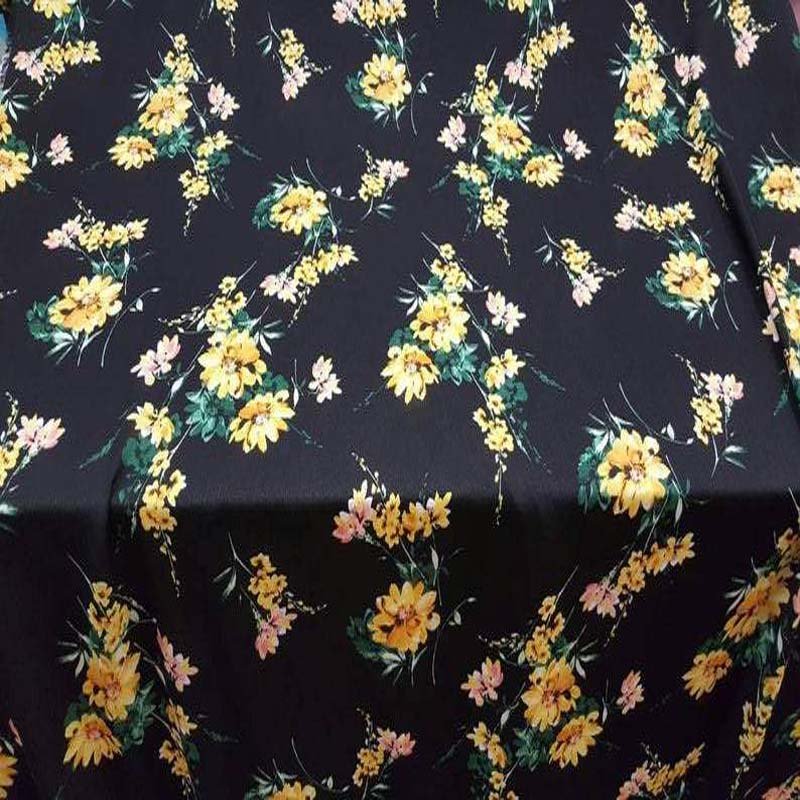 Rayon Gorgeous Yellow Floral Flowers Black Background 58-60 Inches Wide FabricICEFABRICICE FABRICSChallis FabricRayon Gorgeous Yellow Floral Flowers Black Background 58-60 Inches Wide Fabric ICEFABRIC