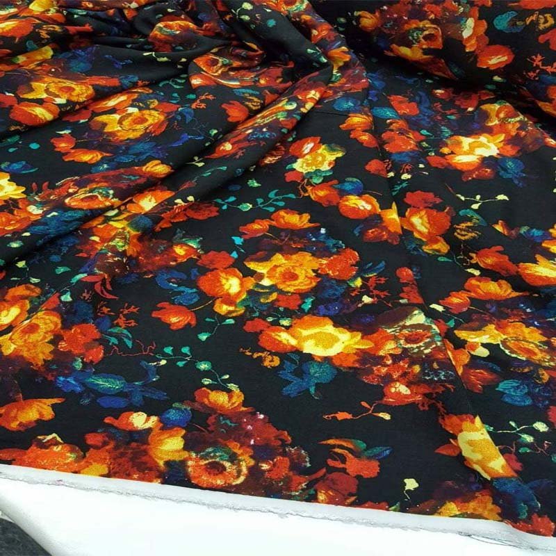 Rayon With Black Background Multicolor Floral Yellow, Red, And Blue Flowers Print FabricICEFABRICICE FABRICSChallis FabricRayon With Black Background Multicolor Floral Yellow, Red, And Blue Flowers Print Fabric ICEFABRIC