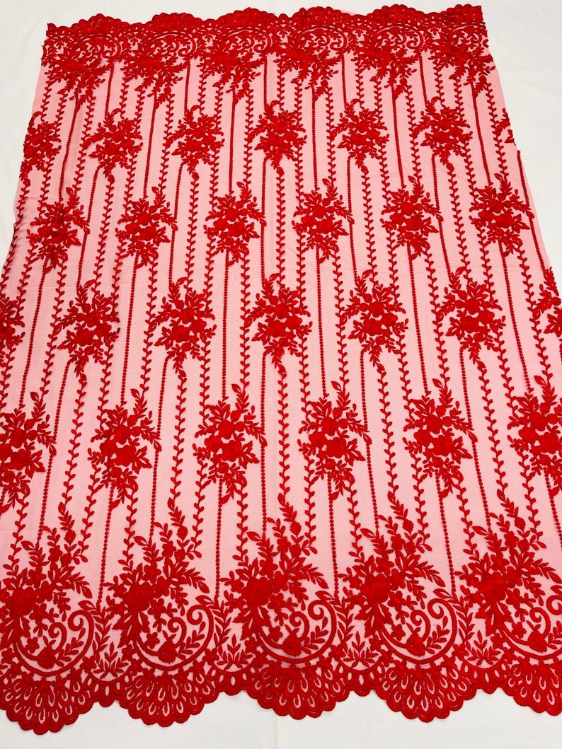 Red Lace Fabric _ Embroidered Floral Flowers Lace on Mesh FabricICE FABRICSICE FABRICSPer YardRed Lace Fabric _ Embroidered Floral Flowers Lace on Mesh Fabric ICE FABRICS