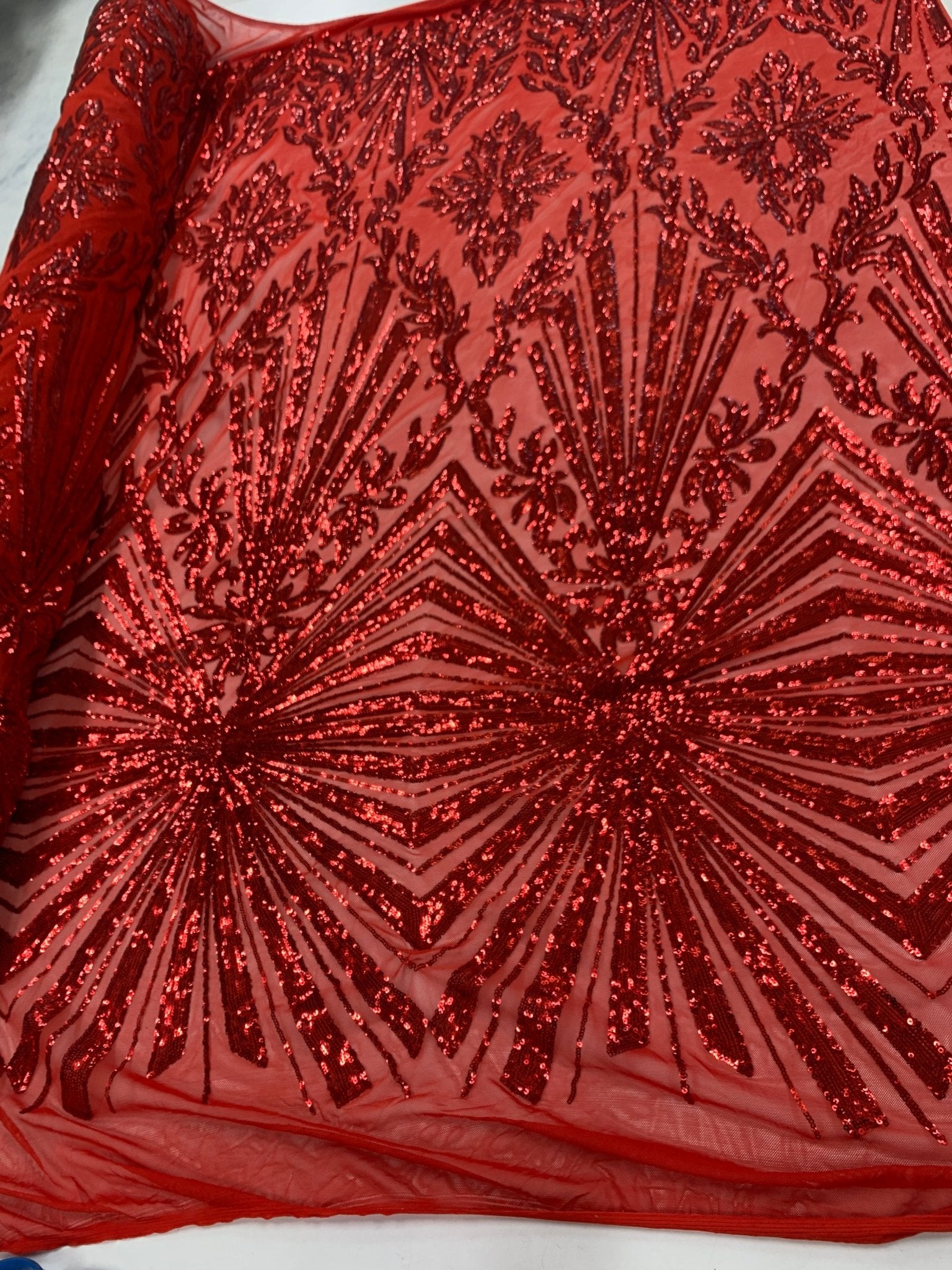 Red Luxury Stretch Sequin Bridal Embroidery on Red Mesh Lace FabricICEFABRICICE FABRICSRedRed Luxury Stretch Sequin Bridal Embroidery on Red Mesh Lace Fabric ICEFABRIC