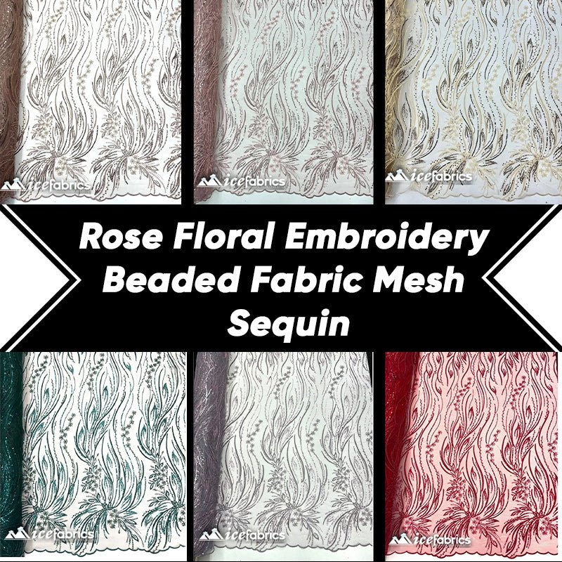 Rose Floral Embroidery Beaded Fabric Mesh SequinICE FABRICSICE FABRICSBy The Yard (48 inches Wide)ChampagneRose Floral Embroidery Beaded Fabric Mesh Sequin ICE FABRICS