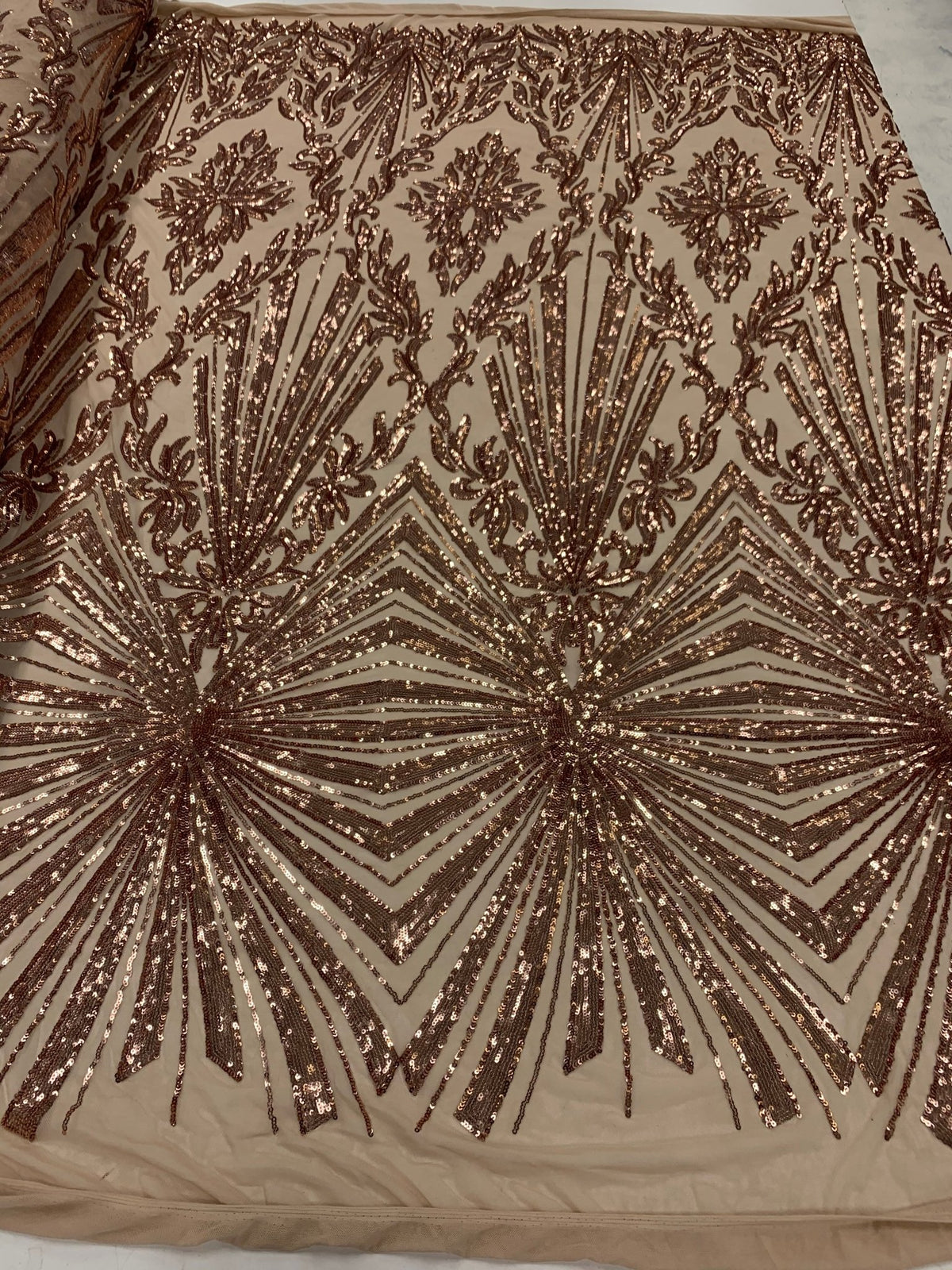 Rose Gold Luxury Stretch Sequin Bridal Embroidery on Nude Mesh Lace Fa Rose Gold Luxury Stretch Sequin Bridal Embroidery on Nude Mesh Lace Fa