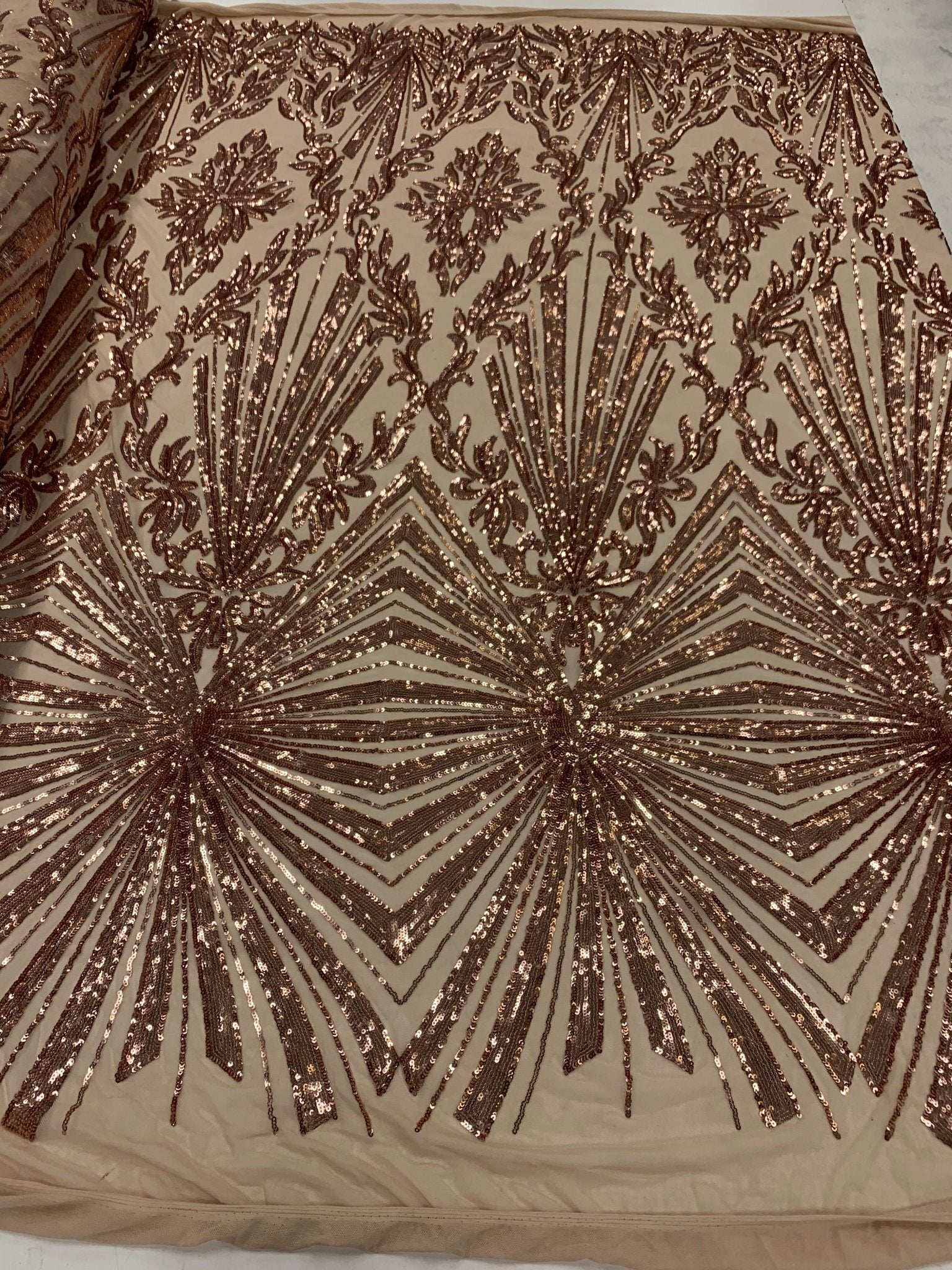 Rose Gold Luxury Stretch Sequin Bridal Embroidery on Nude Mesh Lace FabricICEFABRICICE FABRICSRose GoldRose Gold Luxury Stretch Sequin Bridal Embroidery on Nude Mesh Lace Fabric ICEFABRIC