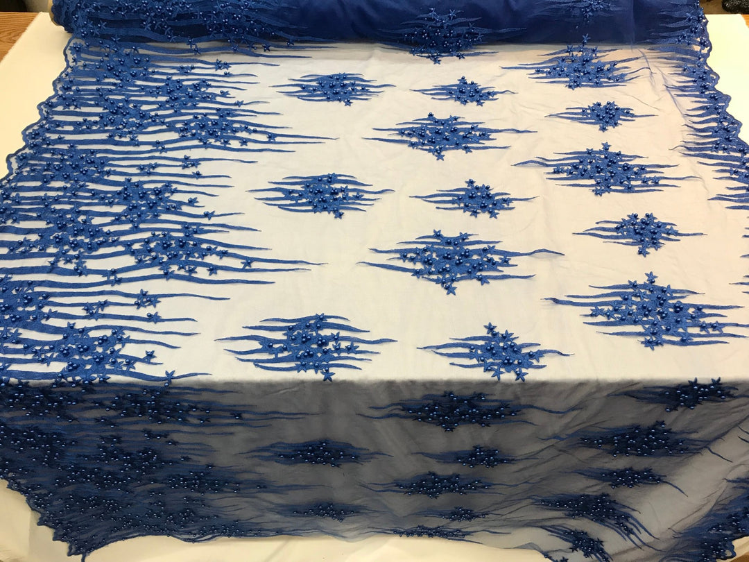 Royal Blue Design Beaded Fabric,Lace Fabric By The Yard-Embroider Bead