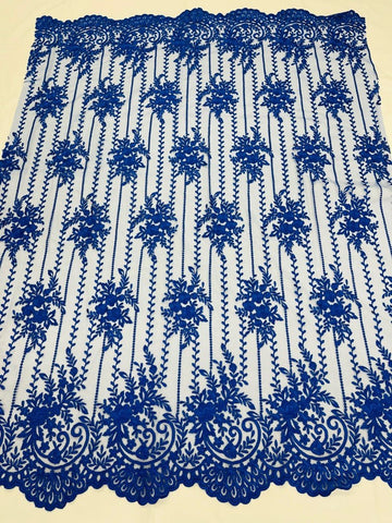 Blue Chiffon Mesh Lace Fabric Trim With 12 Large Flower Appliques - 1 Yard (0.92m) By Attika Fashion-802157