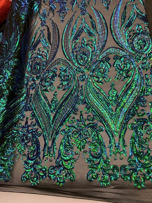 Royalty Iridescent Sequins 4 Way Stretch Spandex Mesh Fabric By The YardICEFABRICICE FABRICSGreen On Black MeshRoyalty Iridescent Sequins 4 Way Stretch Spandex Mesh Fabric By The Yard ICEFABRIC
