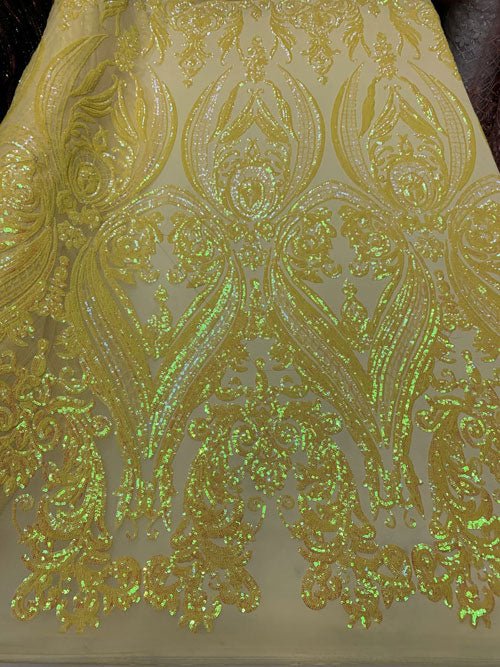 Royalty Iridescent Sequins 4 Way Stretch Spandex Mesh Fabric By The YardICEFABRICICE FABRICSYellow On A White MeshRoyalty Iridescent Sequins 4 Way Stretch Spandex Mesh Fabric By The Yard ICEFABRIC