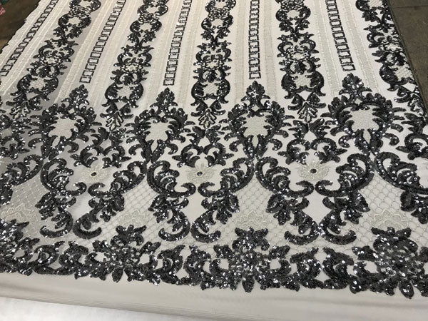 Silver Elegant Design Embroidered 4 Way Stretch Sequin Fabric For Wedding Prom Fashion DressesICE FABRICSICE FABRICSSilver Elegant Design Embroidered 4 Way Stretch Sequin Fabric For Wedding Prom Fashion Dresses ICE FABRICS