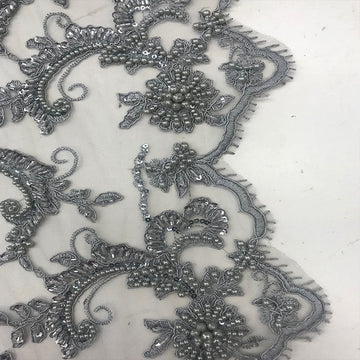 Silver Fine Embroidered Beaded Mesh Lace Fabric