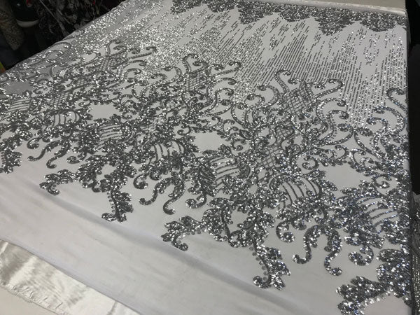 Silver Luxury Design Embroidered 4 Way Stretch Sequin Fabric Sold By The YardICE FABRICSICE FABRICSSilver Luxury Design Embroidered 4 Way Stretch Sequin Fabric Sold By The Yard ICE FABRICS