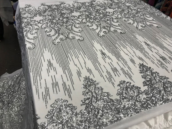 Silver Luxury Design Embroidered 4 Way Stretch Sequin Fabric Sold By The YardICE FABRICSICE FABRICSSilver Luxury Design Embroidered 4 Way Stretch Sequin Fabric Sold By The Yard ICE FABRICS