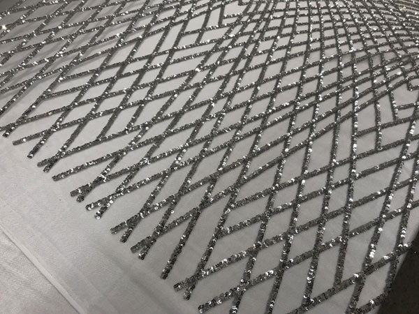 Silver Luxury Designed Embroidery Sequin 4 Way Stretch Fabric Sold By The YardICE FABRICSICE FABRICSSilver Luxury Designed Embroidery Sequin 4 Way Stretch Fabric Sold By The Yard ICE FABRICS