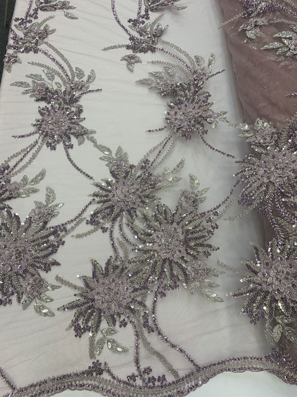 Silver Modern French 3D Embroidered Hand Beaded Flowers On Purple Luxury Mesh Lace FabricICEFABRICICE FABRICSSilver Modern French 3D Embroidered Hand Beaded Flowers On Purple Luxury Mesh Lace Fabric ICEFABRIC