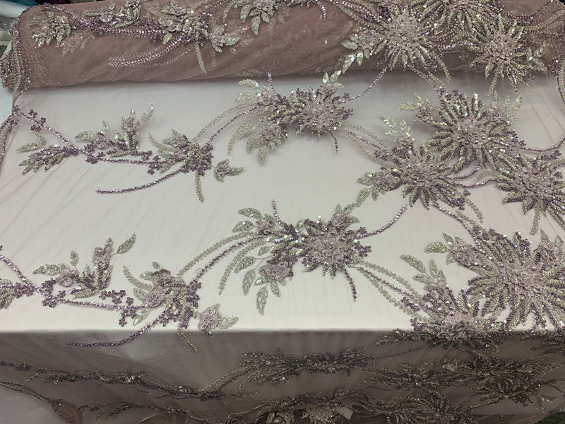 Silver Modern French 3D Embroidered Hand Beaded Flowers On Purple Luxury Mesh Lace FabricICEFABRICICE FABRICSSilver Modern French 3D Embroidered Hand Beaded Flowers On Purple Luxury Mesh Lace Fabric ICEFABRIC