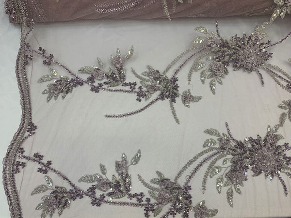 Luxury 3D gray lace fabric, hand made pearl beads 3D flowers, French Lace, gray sold Embroidered lace, Wedding Lace, K00922