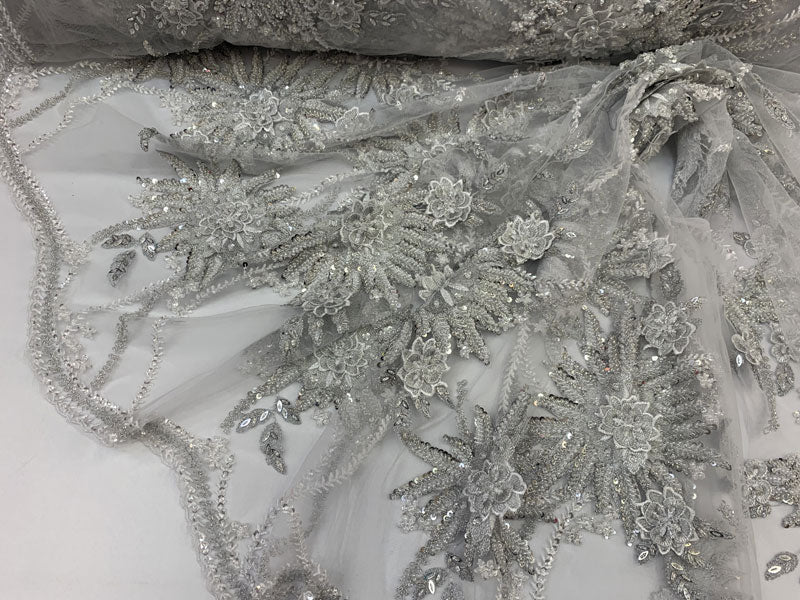 Silver White French Modern 3D Flowers Designer Hand Beading Luxury Mesh Lace FabricICEFABRICICE FABRICSSilver White French Modern 3D Flowers Designer Hand Beading Luxury Mesh Lace Fabric ICEFABRIC