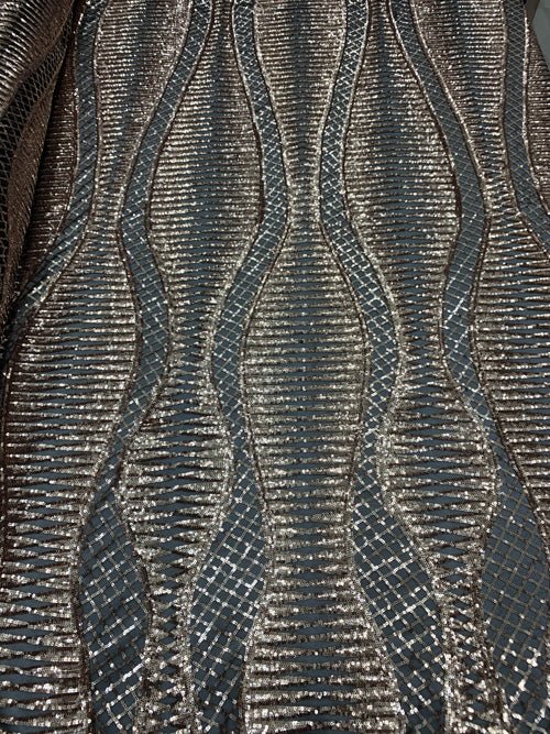 Snake Design Bronze Spandex 4 Way Geometric Embroidered Stretch Sequin On A Black Mesh Lace FabricICEFABRICICE FABRICSBlack1/2Snake Design Bronze Spandex 4 Way Geometric Embroidered Stretch Sequin On A Black Mesh Lace Fabric ICEFABRIC