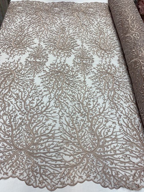 Tree Design Floral Embroidered Mesh Lace Fabric Sold By The YardICEFABRICICE FABRICSDusty RoseTree Design Floral Embroidered Mesh Lace Fabric Sold By The Yard ICEFABRIC