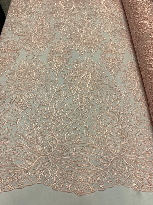 Tree Design Floral Embroidered Mesh Lace Fabric Sold By The YardICEFABRICICE FABRICSLight PinkTree Design Floral Embroidered Mesh Lace Fabric Sold By The Yard ICEFABRIC