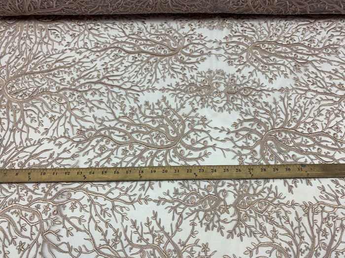 Tree Design Floral Embroidered Mesh Lace Fabric Sold By The YardICEFABRICICE FABRICSDusty RoseTree Design Floral Embroidered Mesh Lace Fabric Sold By The Yard ICEFABRIC