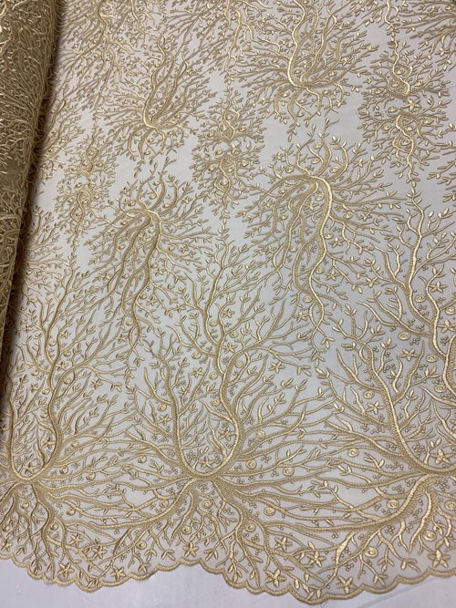 Tree Design Floral Embroidered Mesh Lace Fabric Sold By The YardICEFABRICICE FABRICSLight GoldTree Design Floral Embroidered Mesh Lace Fabric Sold By The Yard ICEFABRIC
