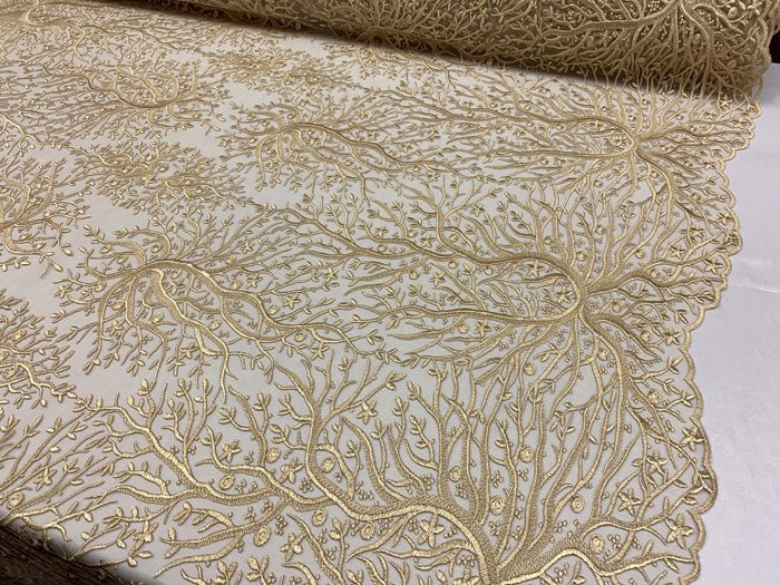 Tree Design Floral Embroidered Mesh Lace Fabric Sold By The YardICEFABRICICE FABRICSLight GoldTree Design Floral Embroidered Mesh Lace Fabric Sold By The Yard ICEFABRIC