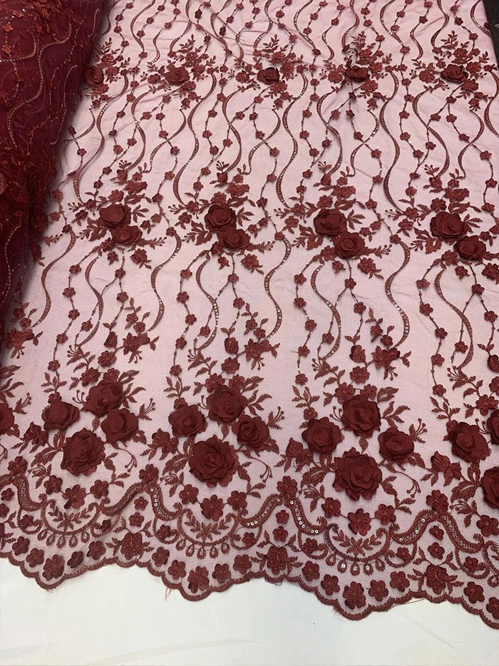 Veil Gowns Handmade 3D Flowers Mesh Floral Lace Fabric By The YardICEFABRICICE FABRICSBurgundyVeil Gowns Handmade 3D Flowers Mesh Floral Lace Fabric By The Yard ICEFABRIC