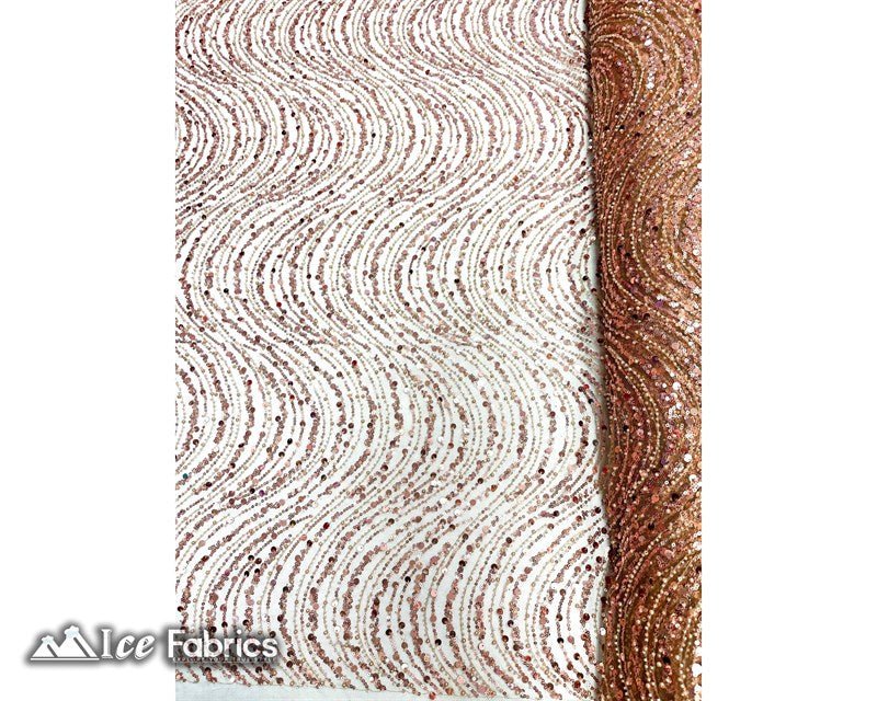 Wavy Beaded Embroidered Sequin Fabric on Mesh FabricICE FABRICSICE FABRICSRose GoldBy The Yard (56" Wide)Wavy Beaded Embroidered Sequin Fabric on Mesh Fabric