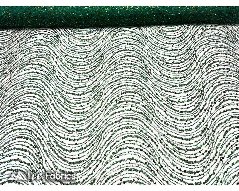 Wavy Beaded Embroidered Sequin Fabric on Mesh FabricICE FABRICSICE FABRICSHunter GreenBy The Yard (56" Wide)Wavy Beaded Embroidered Sequin Fabric on Mesh Fabric