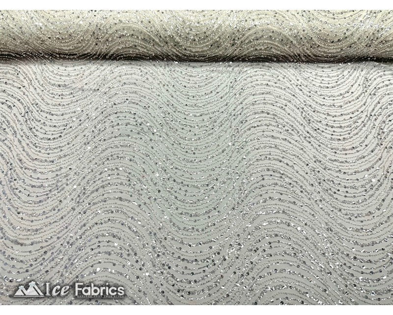 Wavy Beaded Embroidered Sequin Fabric on Mesh FabricICE FABRICSICE FABRICSOff WhiteBy The Yard (56" Wide)Wavy Beaded Embroidered Sequin Fabric on Mesh Fabric