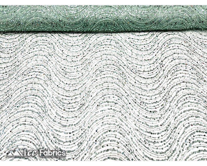 Wavy Beaded Embroidered Sequin Fabric on Mesh FabricICE FABRICSICE FABRICSMint GreenBy The Yard (56" Wide)Wavy Beaded Embroidered Sequin Fabric on Mesh Fabric