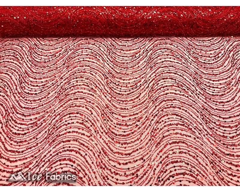 Wavy Beaded Embroidered Sequin Fabric on Mesh FabricICE FABRICSICE FABRICSRedBy The Yard (56" Wide)Wavy Beaded Embroidered Sequin Fabric on Mesh Fabric