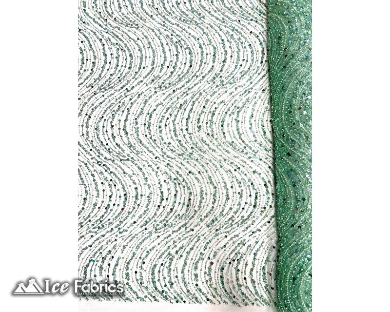Wavy Beaded Embroidered Sequin Fabric on Mesh FabricICE FABRICSICE FABRICSMint GreenBy The Yard (56" Wide)Wavy Beaded Embroidered Sequin Fabric on Mesh Fabric