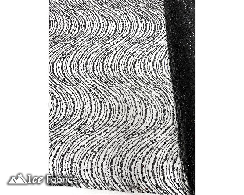 Wavy Beaded Embroidered Sequin Fabric on Mesh FabricICE FABRICSICE FABRICSBlackBy The Yard (56" Wide)Wavy Beaded Embroidered Sequin Fabric on Mesh Fabric