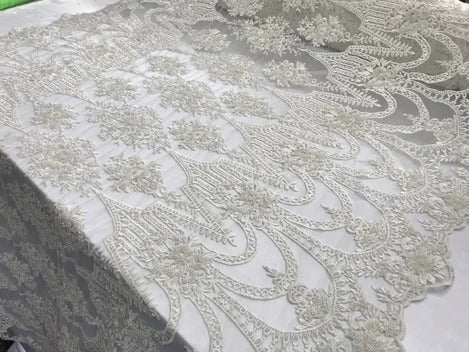 White and Gold Bridal Beaded Designed Floral Embroidered Mesh Lace FabricICE FABRICSICE FABRICSWhiteWhite and Gold Bridal Beaded Designed Floral Embroidered Mesh Lace Fabric ICE FABRICS