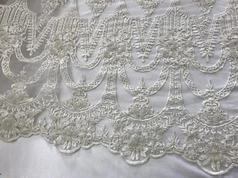 White and Gold Bridal Beaded Designed Floral Embroidered Mesh Lace FabricICE FABRICSICE FABRICSWhiteWhite and Gold Bridal Beaded Designed Floral Embroidered Mesh Lace Fabric ICE FABRICS