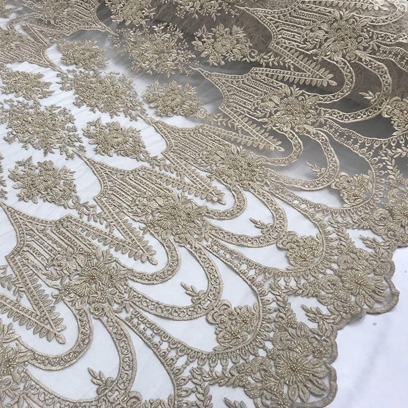 White and Gold Bridal Beaded Designed Floral Embroidered Mesh Lace FabricICE FABRICSICE FABRICSGoldWhite and Gold Bridal Beaded Designed Floral Embroidered Mesh Lace Fabric ICE FABRICS