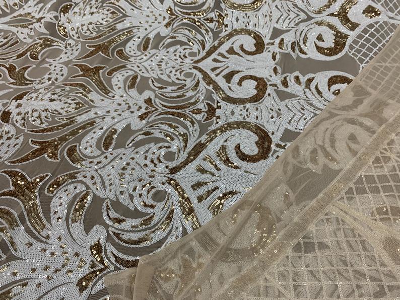 White, Gold Fashion Embroidery Stretch Sequin Fabric By The YardICEFABRICICE FABRICSWhite, Gold Fashion Embroidery Stretch Sequin Fabric By The Yard ICEFABRIC