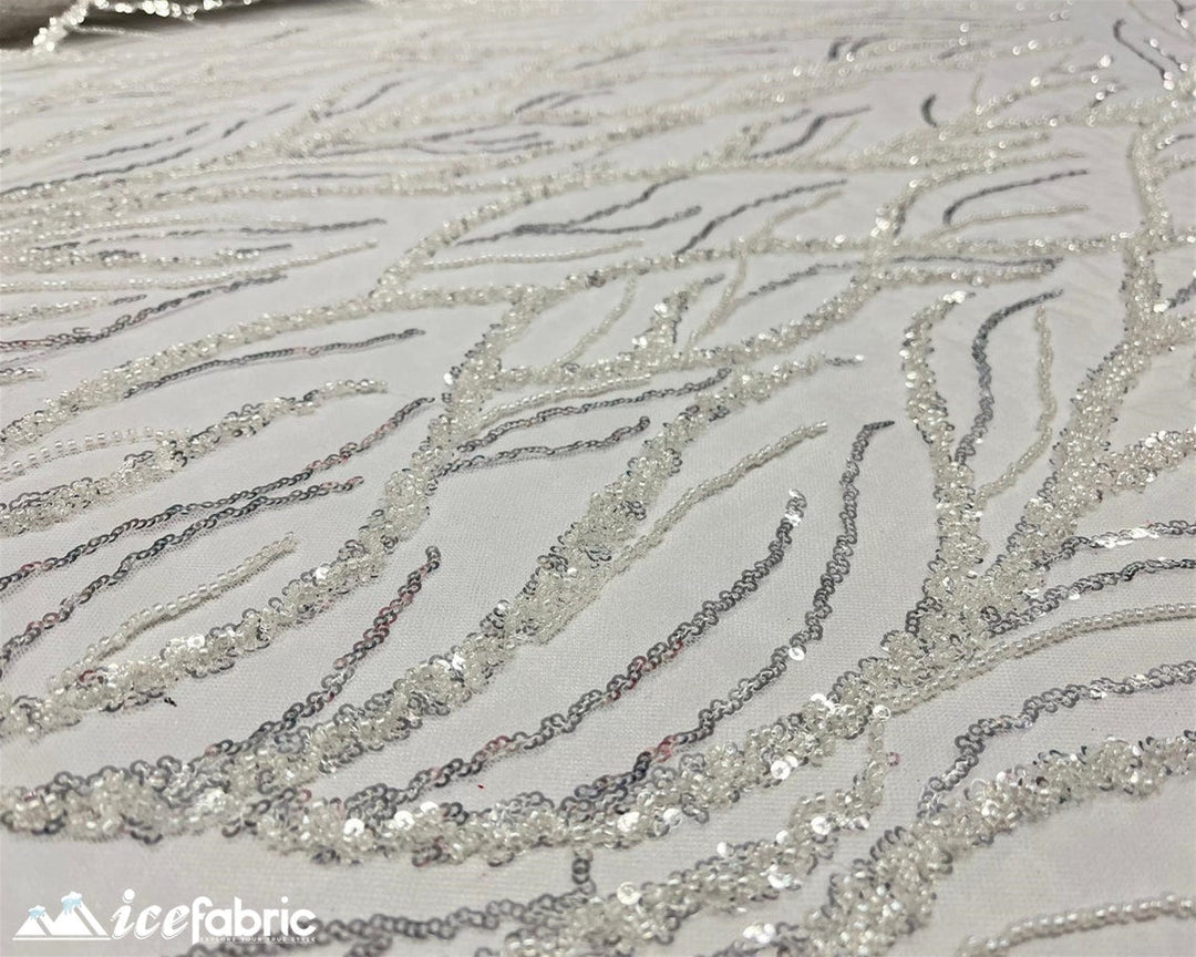 White Handmade Beaded Fabric / Lace Fabric With Sequin