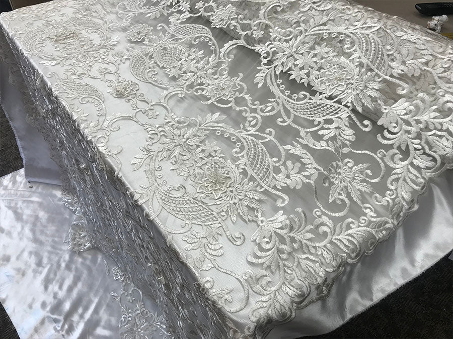 White Heavy Embroidery Bridal Design Beaded Mesh Lace FabricICE FABRICSICE FABRICSWhite Heavy Embroidery Bridal Design Beaded Mesh Lace Fabric ICE FABRICS