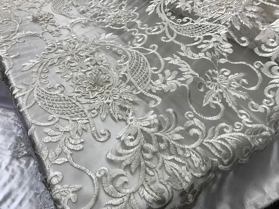 White Heavy Embroidery Bridal Design Beaded Mesh Lace FabricICE FABRICSICE FABRICSWhite Heavy Embroidery Bridal Design Beaded Mesh Lace Fabric ICE FABRICS