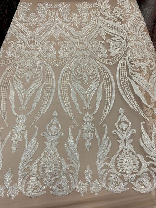 White On A Nude Mesh Elegant Stretch Sequin Fabric_ Lace FabricICEFABRICICE FABRICSWhite On A Nude MeshPer YardWhite On A Nude Mesh Elegant Stretch Sequin Fabric_ Lace Fabric ICEFABRIC