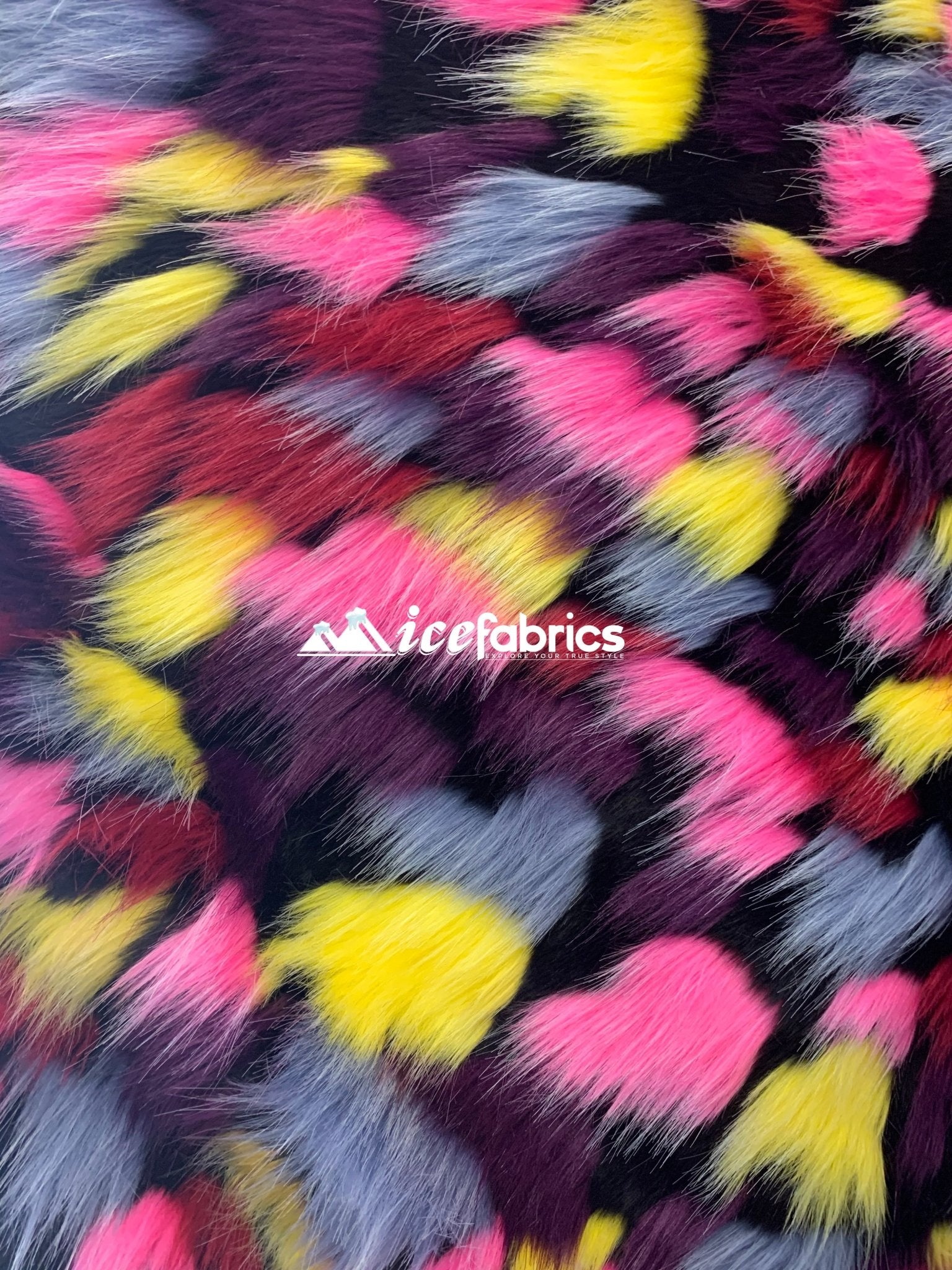 Yellow, Burgundy, Purple, Gray, and Black Pastel Rainbow Faux Fur Fabric By The YardICEFABRICICE FABRICSBy The Yard (60 inches Wide)Yellow, Burgundy, Purple, Gray, and Black Pastel Rainbow Faux Fur Fabric By The Yard ICEFABRIC