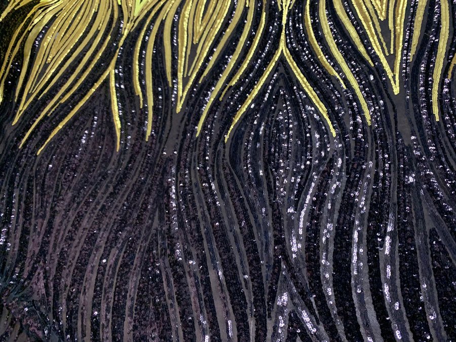 Yellow Gold Black ON Black mesh Iridescent Fabric/ Embroidery 4 Way Stretch Sequin Fabric.ICEFABRICICE FABRICSYellow Gold Black ON Black mesh1 YARDYellow Gold Black ON Black mesh Iridescent Fabric/ Embroidery 4 Way Stretch Sequin Fabric. ICEFABRIC