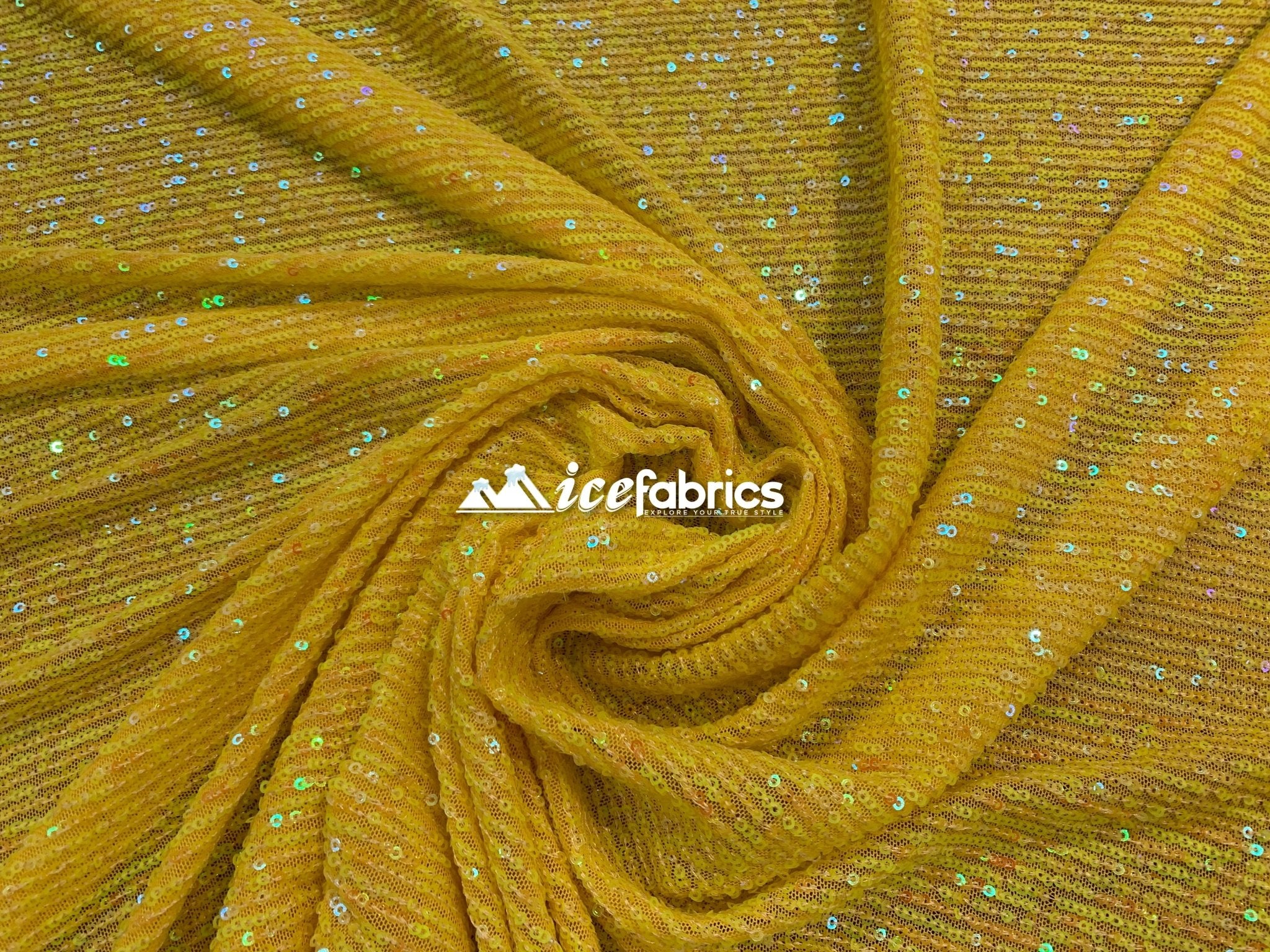 Yellow Iridescent Sequin 2 Way Mesh Stretch Sequins Fabric By The YardICEFABRICICE FABRICSYellow Iridescent Sequin 2 Way Mesh Stretch Sequins Fabric By The Yard ICEFABRIC