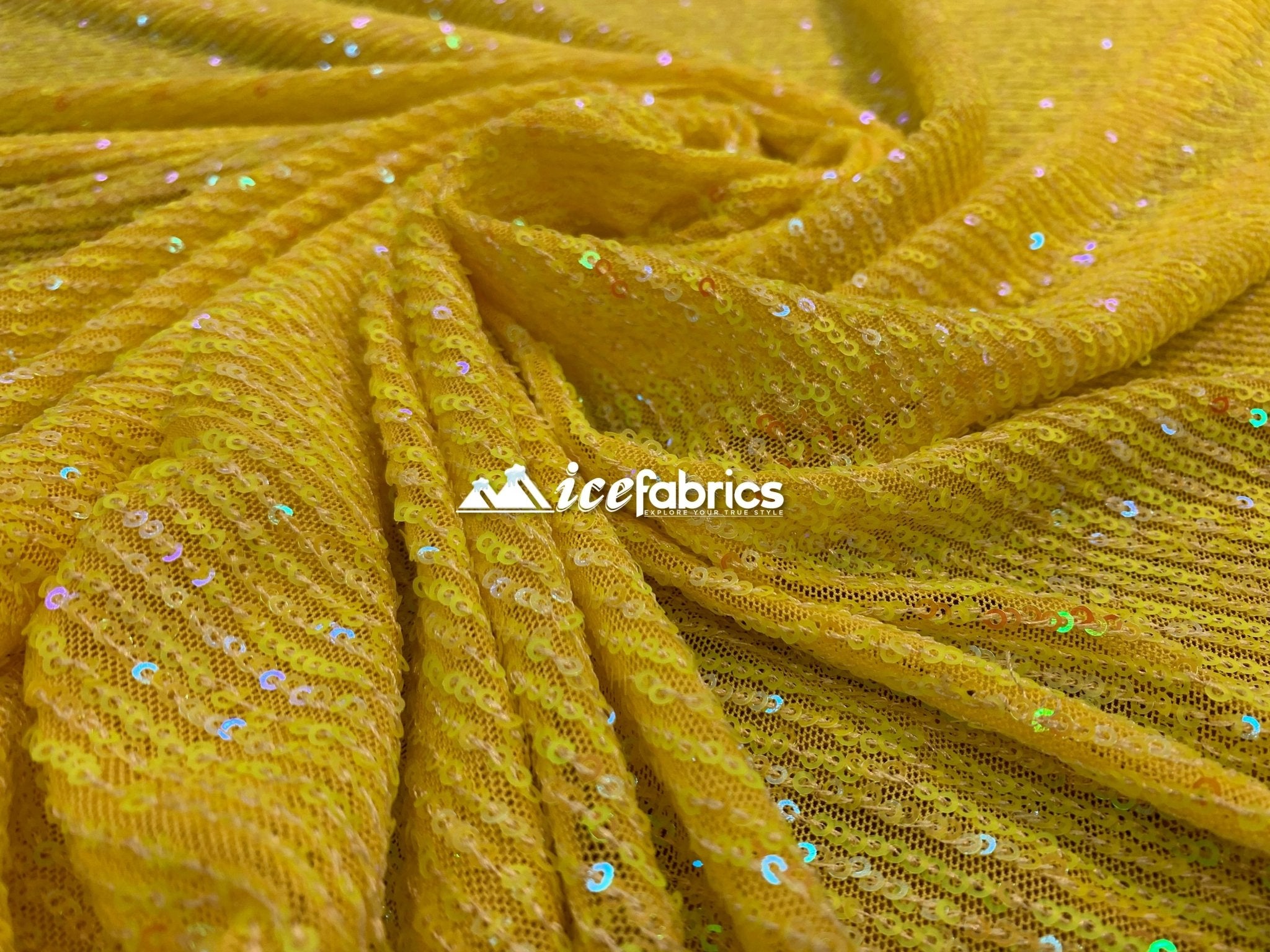 Yellow Iridescent Sequin 2 Way Mesh Stretch Sequins Fabric By The YardICEFABRICICE FABRICSYellow Iridescent Sequin 2 Way Mesh Stretch Sequins Fabric By The Yard ICEFABRIC
